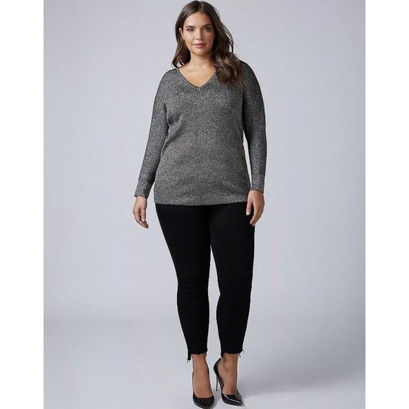 Lane Bryant Women's Silver Metallic V-Neck Sweater Size 14/16 Holiday Glimmer - Picture 2 of 6